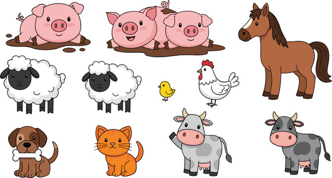 Cute farm animals and pets collection. Cartoon pigs in mud, fluffy sheep, cows, and friendly horse. Adorable dog and cat illustrations for children's nursery and education.