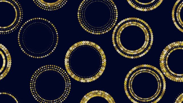 Seamless abstract motion background with blue dotted circular rings and soft bokeh glow on dark navy backdrop, ideal for technology, science, data, and UI design