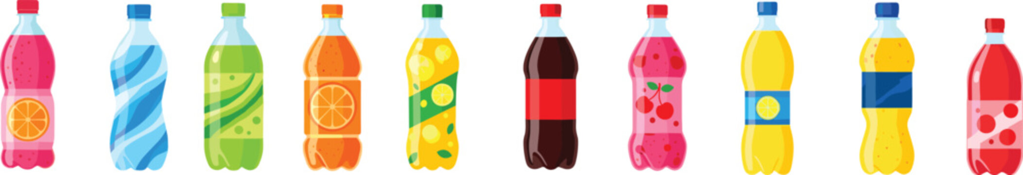 Assorted soft drink bottles with colorful labels, featuring soda, fruit juice, and fizzy drinks in various vibrant colors. Perfect for beverage packaging illustrations.