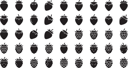 Minimalist black berry icons featuring various strawberry and raspberry shapes for web design. © Farzana Akter Munni