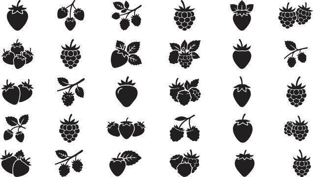 Assorted strawberry and raspberry icons for fruit packaging design and sweet food graphics.