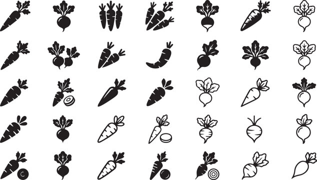 Collection of black vegetable icons on white background, simple illustrations of carrots and beets.