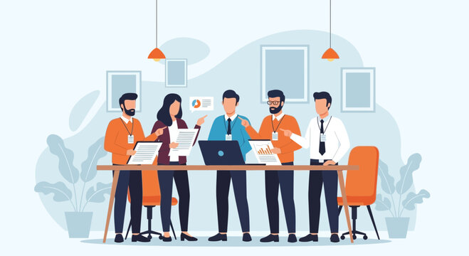 Diverse business team collaborating around a table with laptops and charts in a modern office.