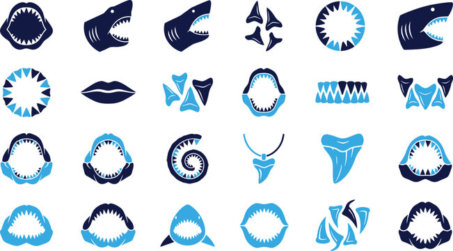 Shark teeth and jaws icons, aggressive symbols for danger and marine life.