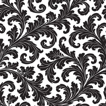 Baroque Floral Seamless Pattern Black Vector
