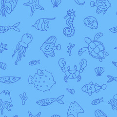 Fototapeta premium Seamless Nautical Pattern with Hand-Drawn Sea Creatures on Blue Background