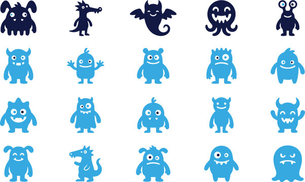 Collection of cartoon monster icons cute and scary characters fun stylized illustration simple vector graphics set.