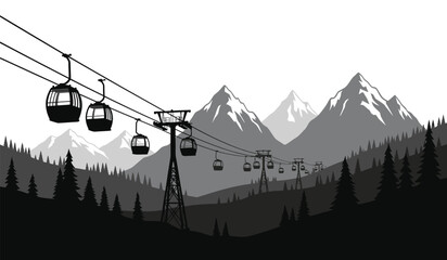 Silhouette of ski lift gondolas and mountain range landscape grayscale vector illustration with pine trees high quality professional detailed modern elegant stylish clean crisp © ARSM D