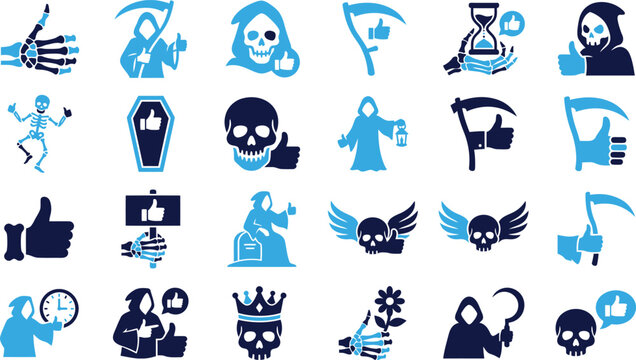 Grim reaper icons collection with thumbs up gestures and gothic symbols collection.