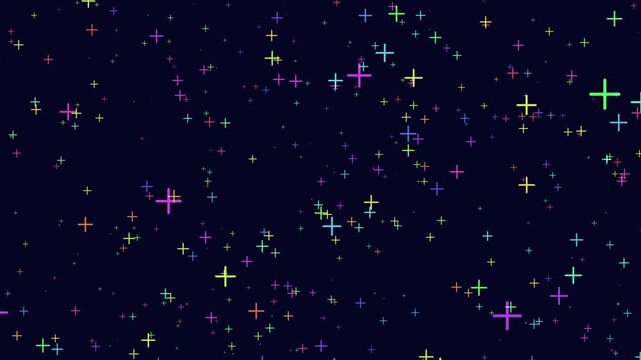 Abstract footage of multicolored glowing plus signs twinkling across a deep navy background, creating a playful starfield effect for celebrations, tech, and design