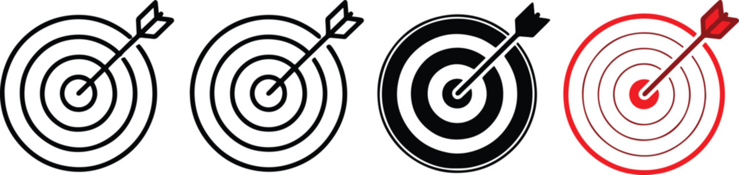 black and red dartboard targets with arrows hitting bullseye progression concept