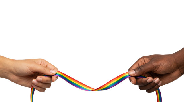 Black and white hands holding a rainbow ribbon isolated on white background, LGBTQ pride and unity concept