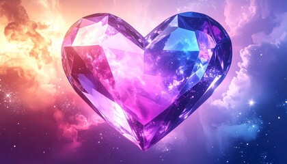 Fototapeta premium “Faceted crystal heart radiating purples and blues, encircled by luminous particles, cosmic jewel embodying beauty, wonder, and the radiant energy of love and imagination.”