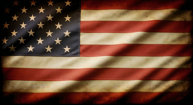 vintage american flag waving in dramatic golden sunlight with distressed texture for patriotic themes