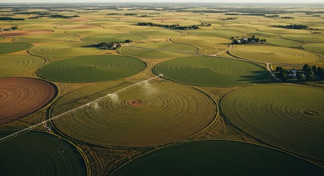 Aerial View of Circular Crop Fields with Irrigation Systems
