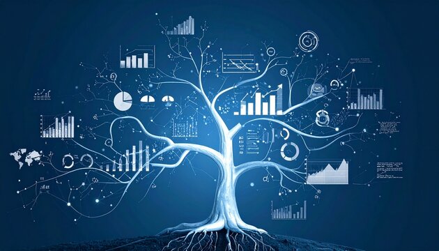 &ldquo;Glowing tree of white branches and roots, data charts woven into limbs, fusion of nature and analytics, symbol of knowledge growth and digital wisdom.&rdquo;
