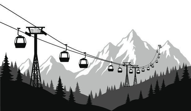 ski resort aerial tramway illustration with mountain range and pine trees in black and white high quality professional detailed modern elegant stylish clean crisp
