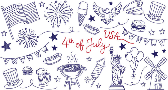 USA Independence Day Celebration Doodle Art, Hand drawn memorial day, flag day banner.