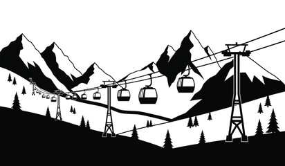 black silhouette of a ski resort with cable cars and mountains against a white background high quality professional detailed modern elegant stylish clean crisp © ARSM D
