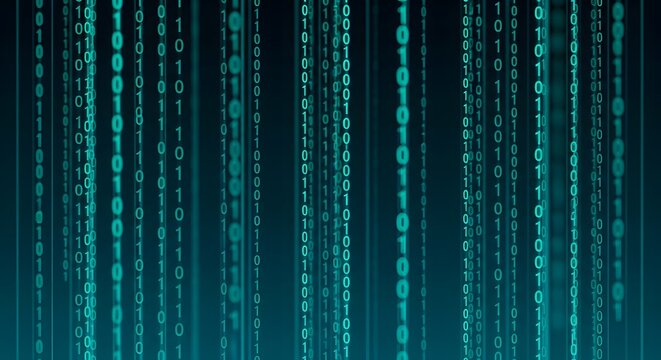 Digital rain of binary code cascading in vertical lines on a dark teal background with cascading vertical background