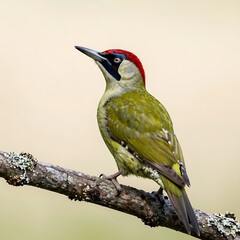 Fototapeta premium European green woodpecker with red crown perched on a lichen branch