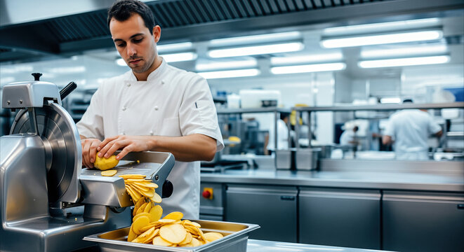 Chef precisely slicing potatoes with a commercial slicer in a bright, busy professional kitchen, demonstrating culinary skill and efficiency.