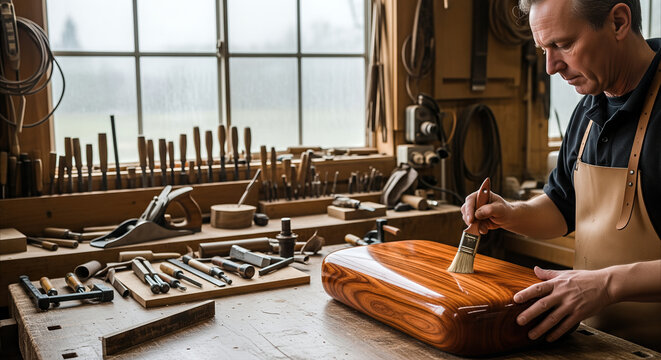 Skilled woodworker applying finish to curved wood in workshop with tools and window light