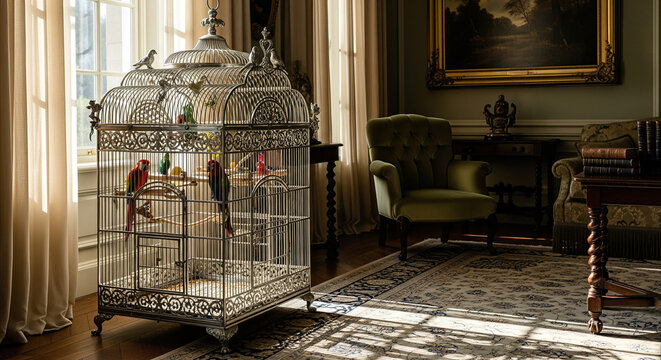 Ornate vintage parrot cage with colorful macaws bathed in sunlight, elegant living room interior design