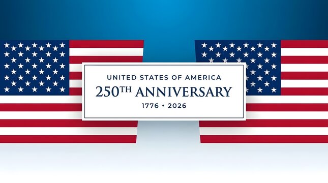 American flags with 250th anniversary text on white sign, United States of America bicentennial celebration background. Independence Day.