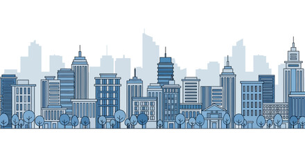 Fototapeta premium Blue Skyline Silhouette of City Buildings and Trees, Urban Landscape Illustration