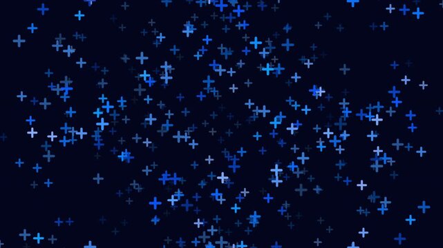 Animated blue plus signs drifting across a dark background, creating a clean abstract pattern for healthcare, technology, science, data visuals, and modern UI design