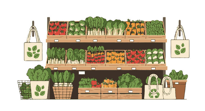 Fresh organic vegetables on wooden store shelves with tote bags