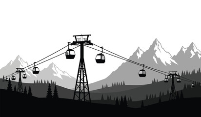 silhouette of a ski lift with gondolas against a mountainous landscape and pine trees black and white high quality professional detailed modern elegant stylish © ARSM D