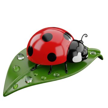 Shiny red ladybug on dew-covered leaf