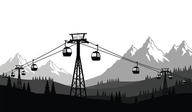 silhouette of a ski lift with gondolas against a mountainous landscape and pine trees black and white high quality professional detailed modern elegant stylish