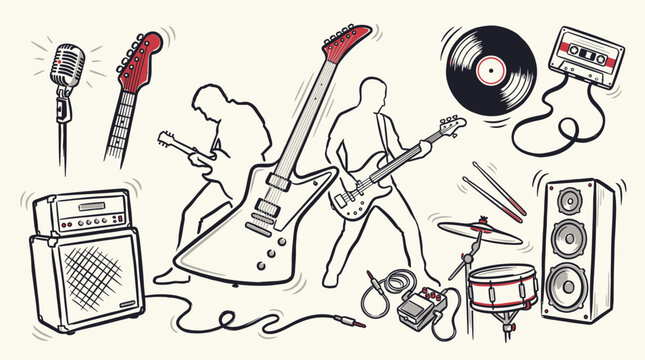 Dynamic Hand-Drawn illustration of Rock Music Elements and Silhouetted Performers