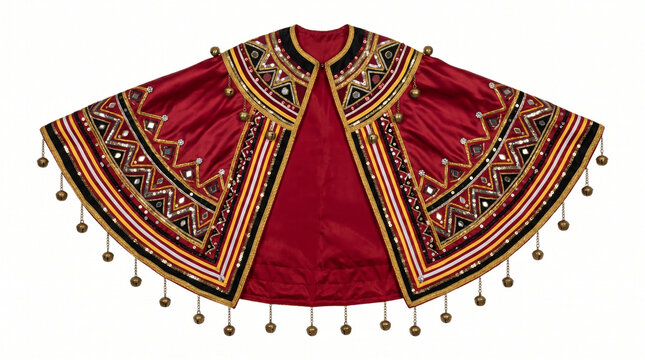 Traditional ceremonial red cape with intricate embroidery and beaded fringes