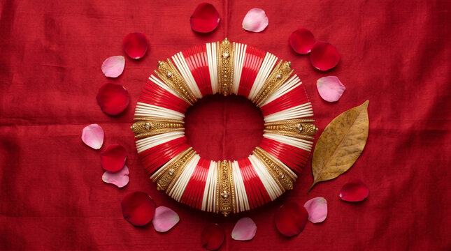 Traditional Indian bridal bangles chooda on red fabric with rose petals