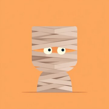 Flat minimalist illustration of a simple mummy face made of geometric flat wraps, modern clean Halloween design