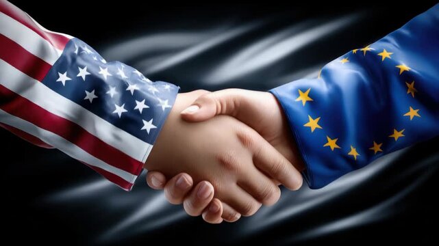 Hands painted with United States and European Union flags clasp in a firm handshake, symbolizing international cooperation, diplomatic alliance, trade partnership and mutual trust