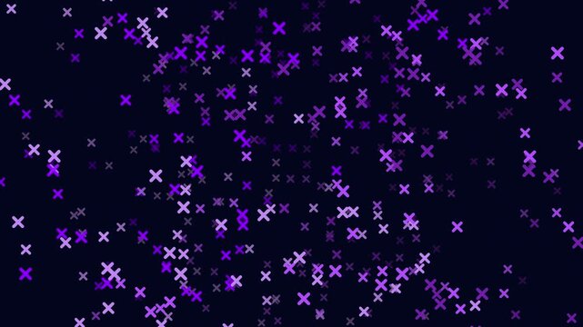 Abstract footage of purple and violet glowing plus symbols drifting across a dark background, creating a modern digital particle field for tech, science, and UI visuals