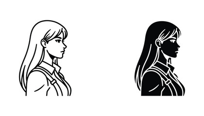 Profile portrait of young woman with long hair in side view contour and silhouette vector illustration for beauty or fashion branding © Delta