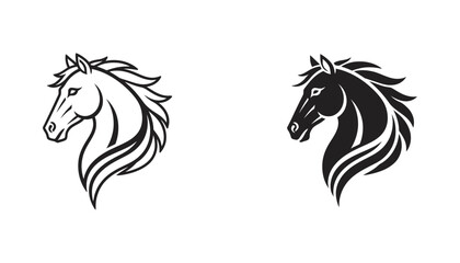 Majestic horse head profile silhouette set showing detailed mane and strong facial features in black and white vector illustration for equestrian design © Delta