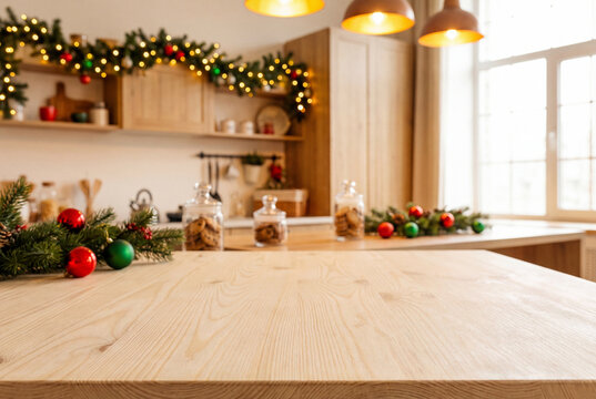 Wooden table top with copy space and a blurred christmas kitchen background