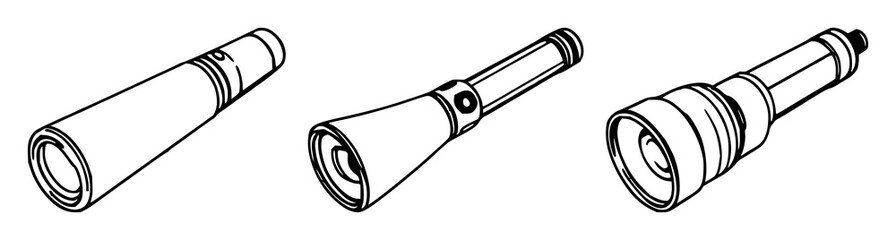 Flashlight set with simple black line art illustration on white background featuring flashlight, handheld device, illumination with vector graphic and design © mdbakul