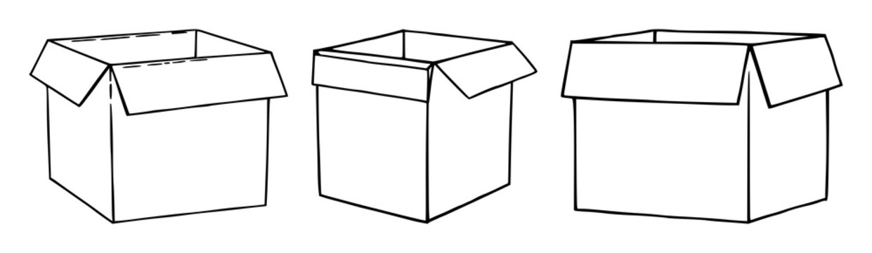 Cardboard box set with black line art on white background featuring packaging, shipping, illustration with cardboard and transportation