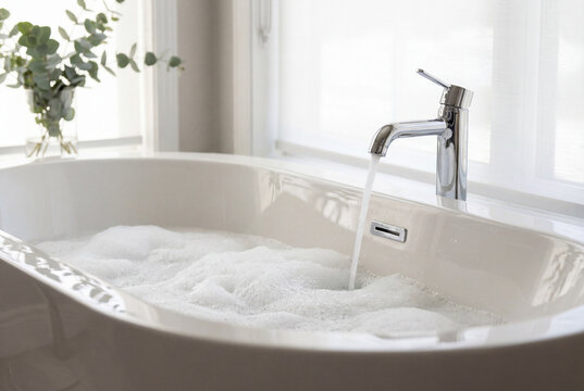 Modern freestanding bathtub filled with foam bubbles with water running from the faucet