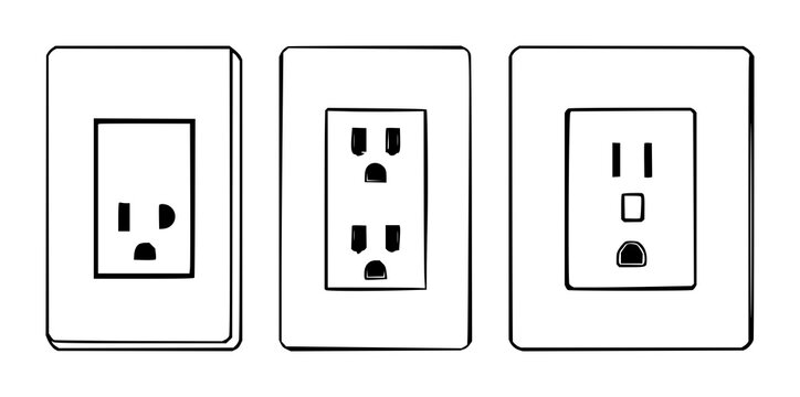 Wall outlet set with black line art illustration on white background featuring electrical socket, power plug, home utility with circuitry and device