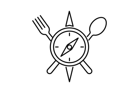 Minimalist compass surrounded by fork, knife, and spoon