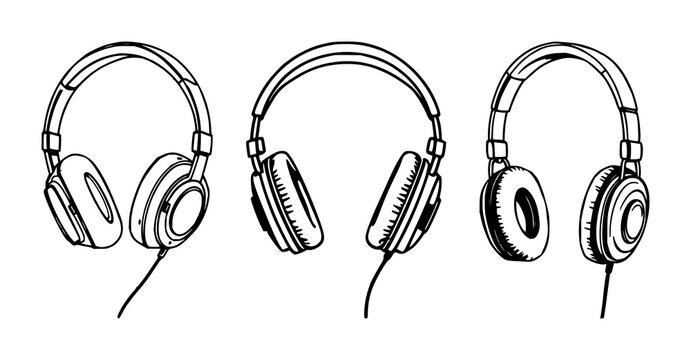 Headphones set with minimalist black line art on white backdrop featuring audio, electronics, music with headphones and earbuds